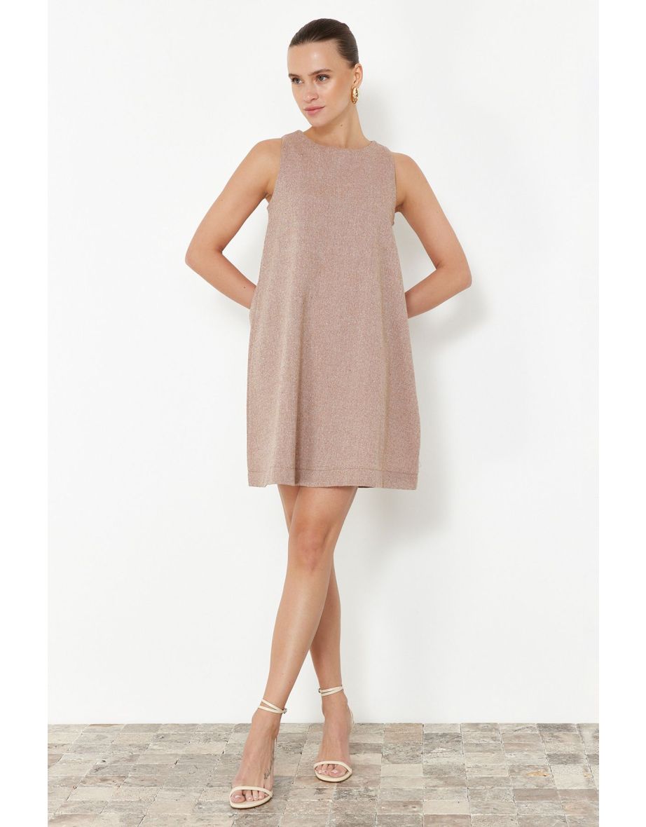 Brown Wide Cut Linen Look Sleeveless Mini Woven Dress
