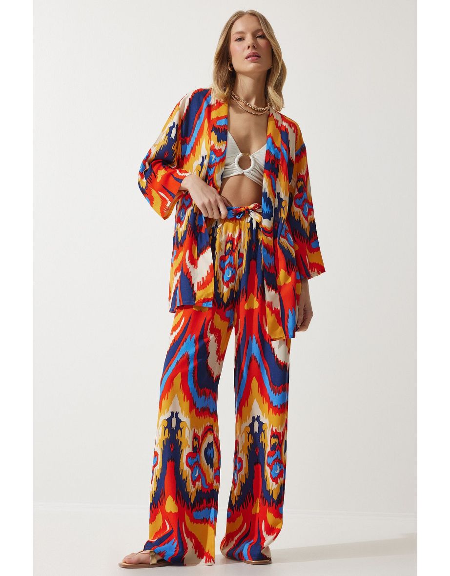 Women's Orange Patterned Kimono Palazzo Trousers Set