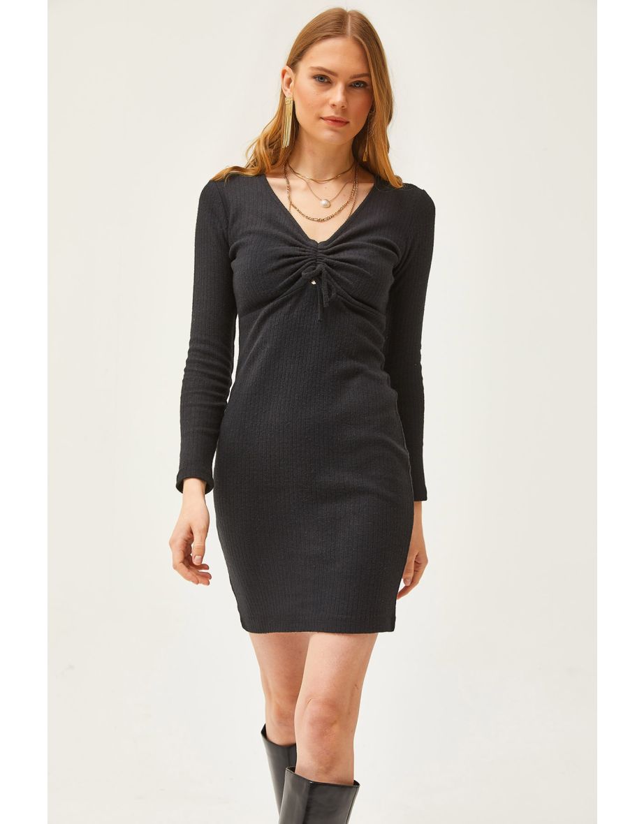 Women's Black Robe Gathered Detailed Raised Mini Dress