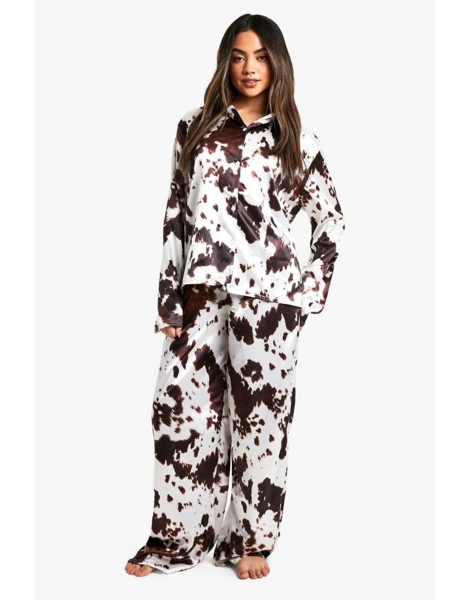 Satin Cow Print Pyjama Long Sleeve Shirt Trouser Set - chocolate