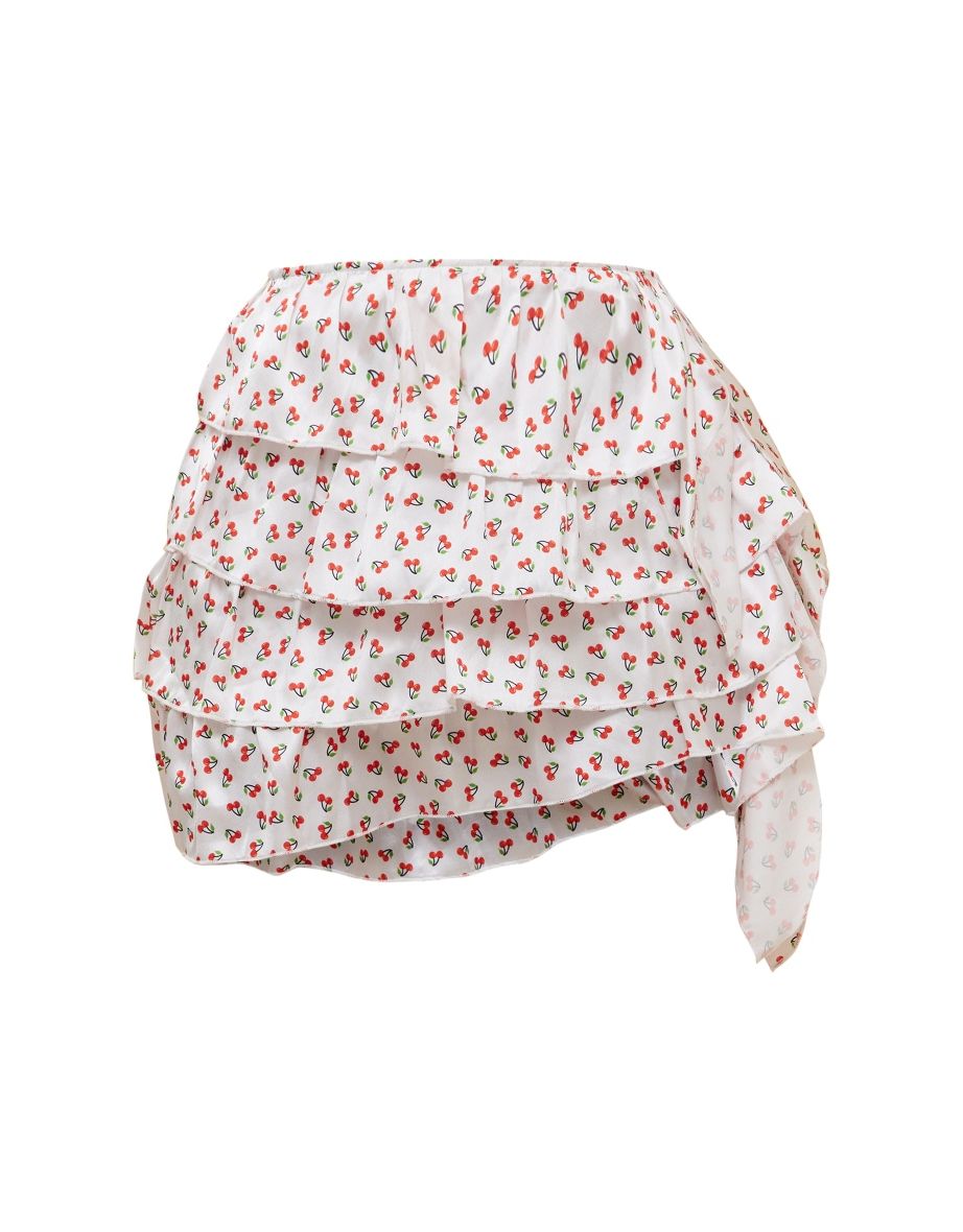 Red Cherry Printed Ruffle Tiered Mini Skirt - 5
