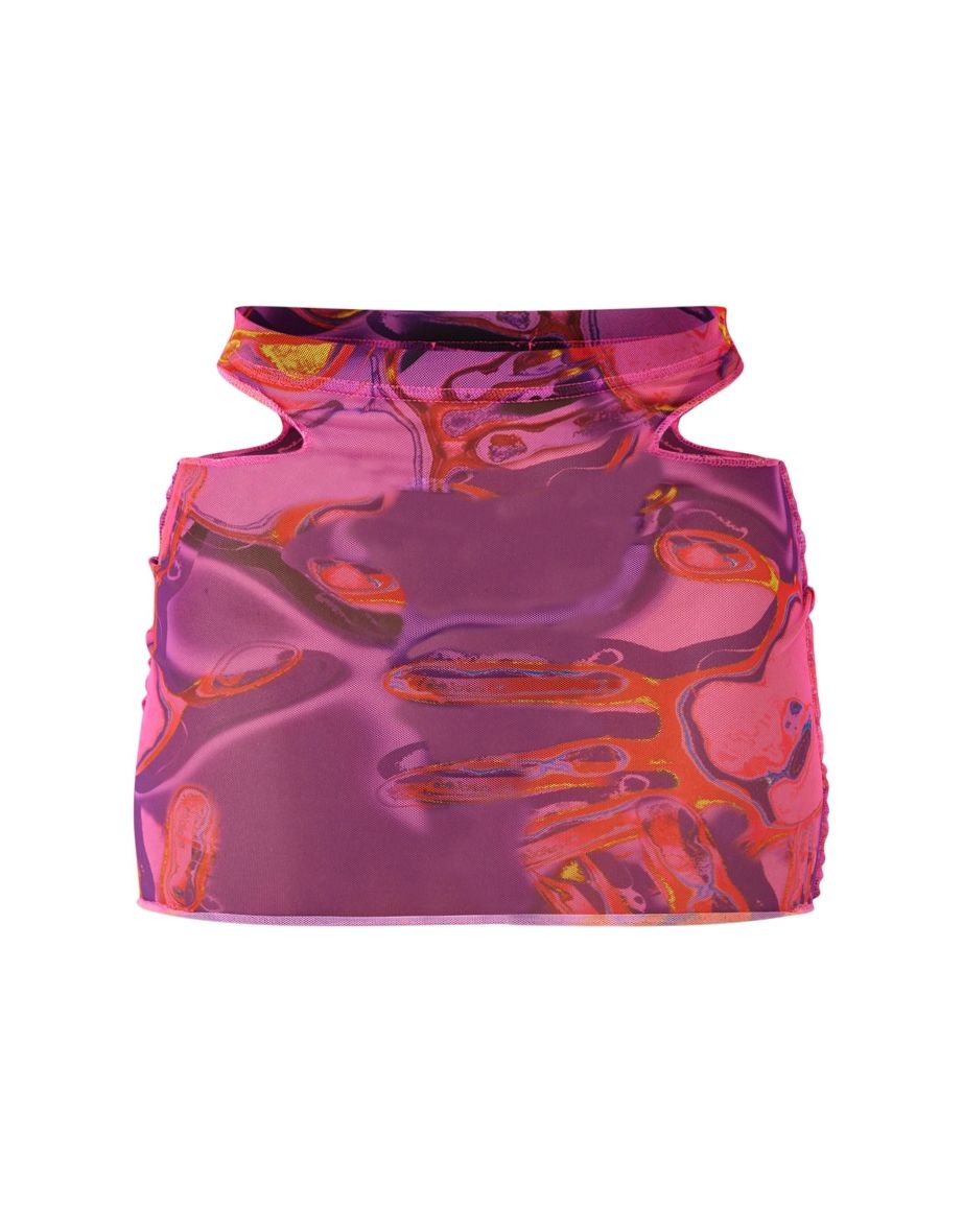 Pink Abstract Print Sheer Mesh Raw Seam Cut Out Mini Skirt - 5