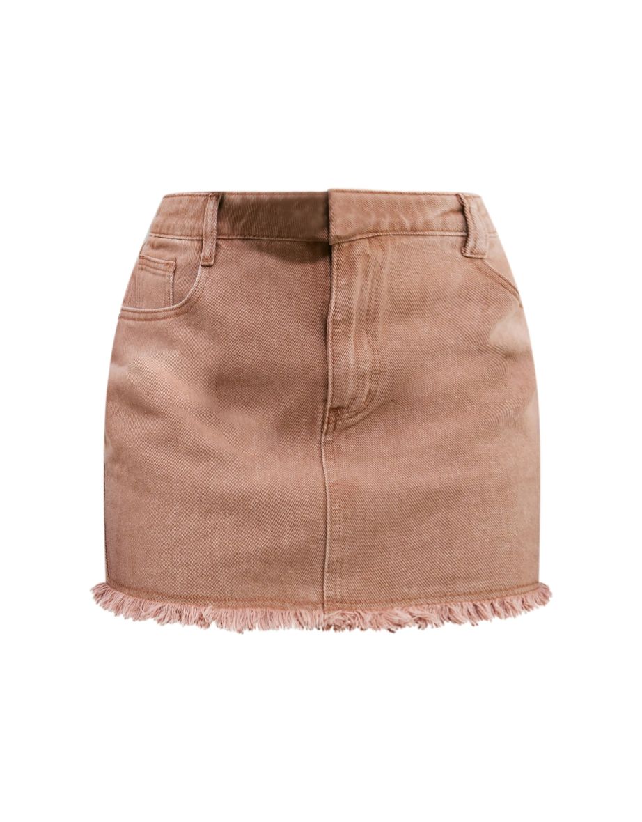 Washed Taupe Raw Hem Denim Mini Skirt - 5