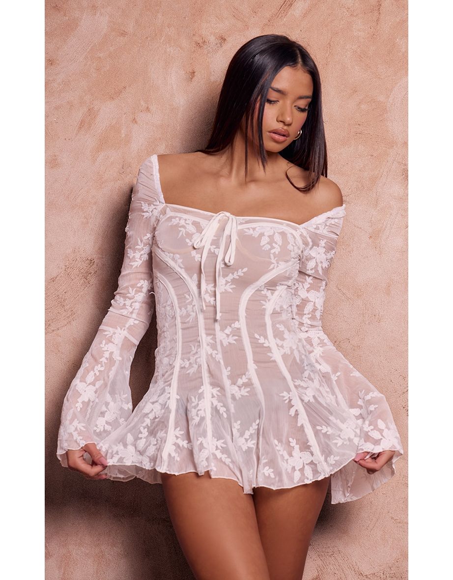 White Lace Binding Detail Flare Sleeve Playsuit