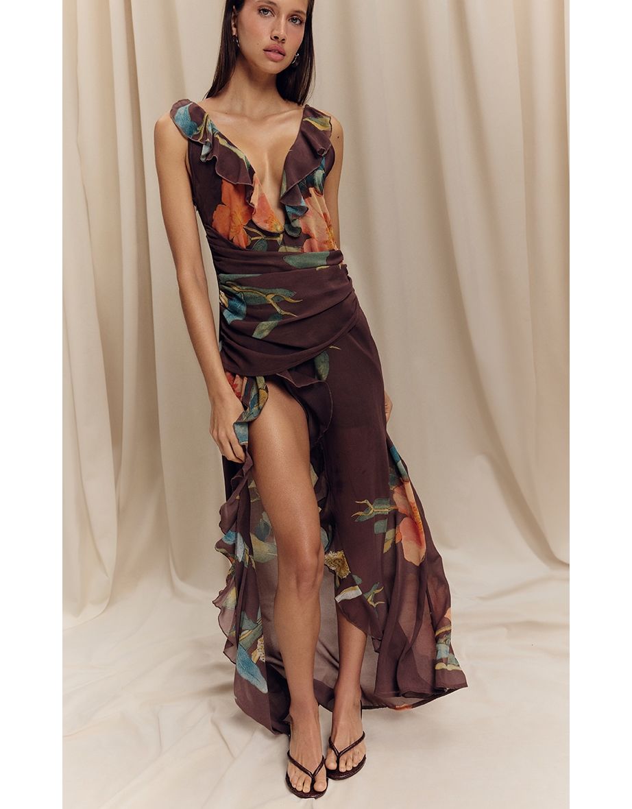 Brown Floral Chiffon Frill Plunge Strappy Maxi Dress - 3