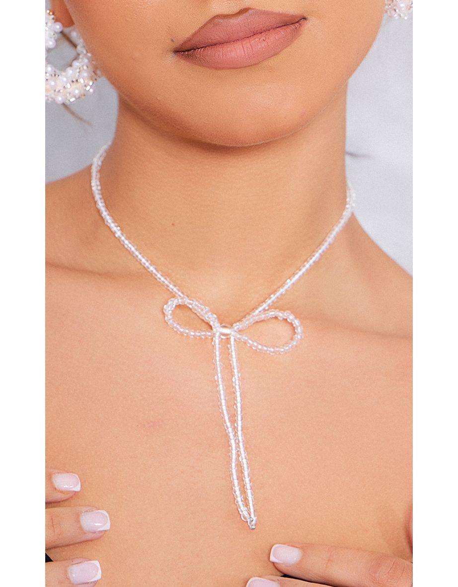 Silver Beaded Bow Statement Necklace
