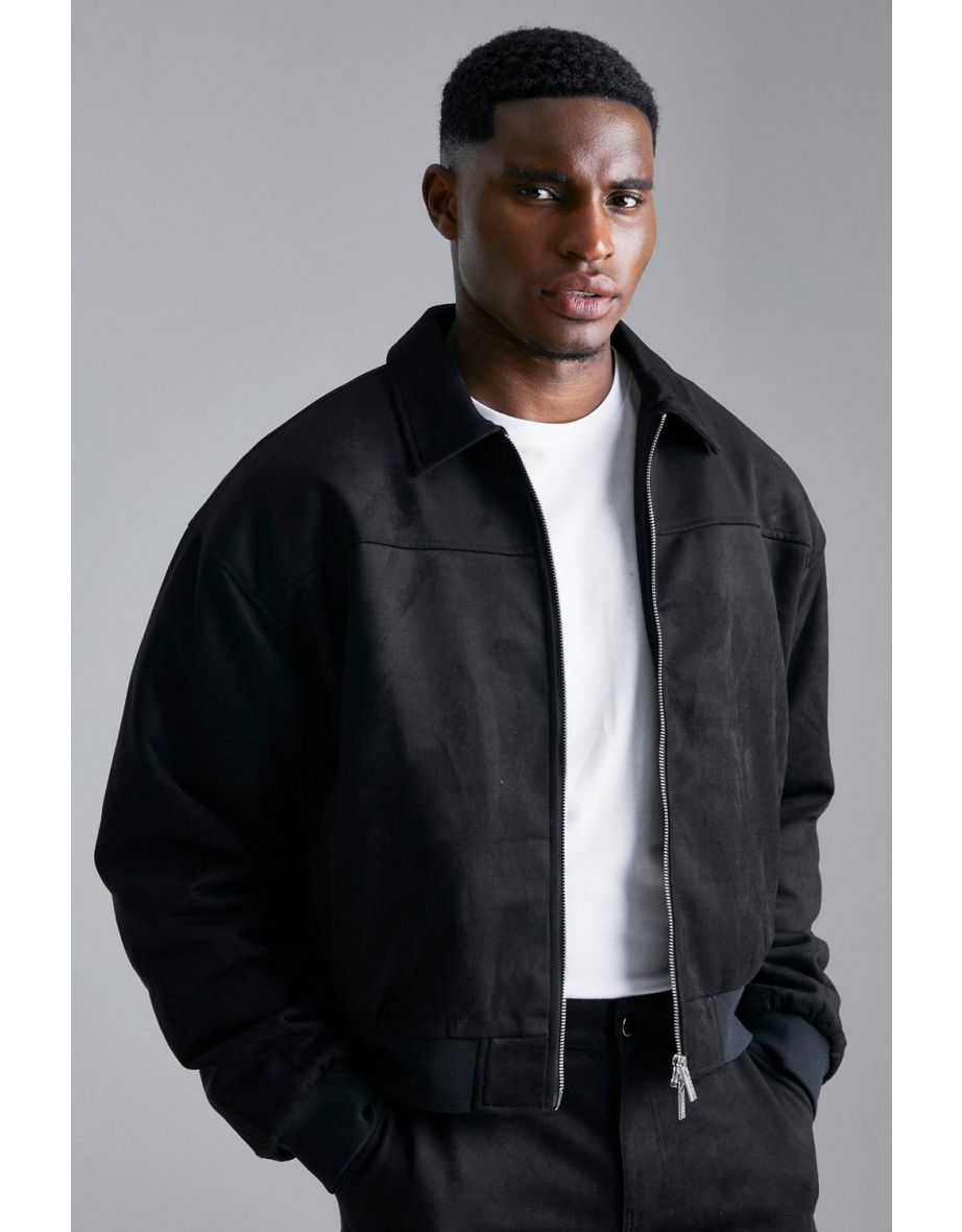 Faux Suede Boxy Collared Bomber - black