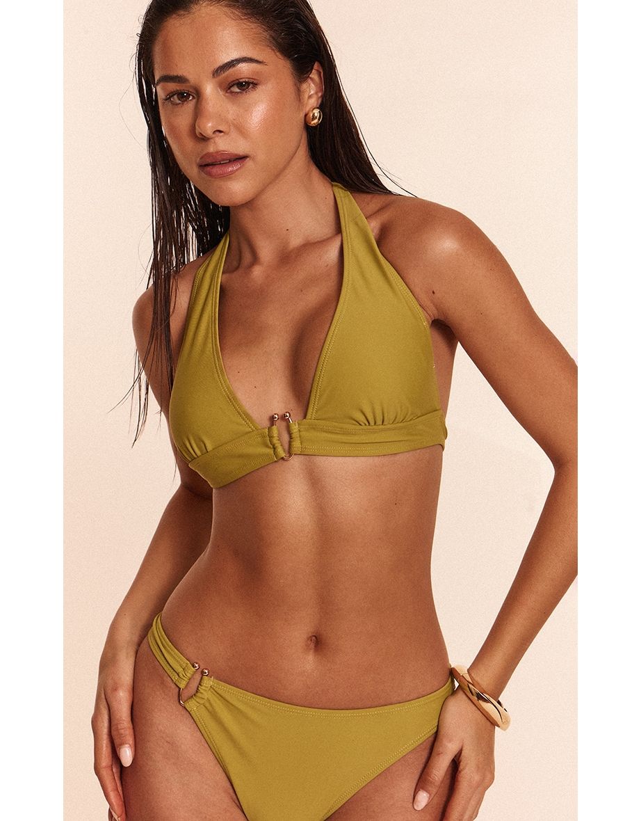 Olive Gold Trim Halter Neck Triangle Bikini Top