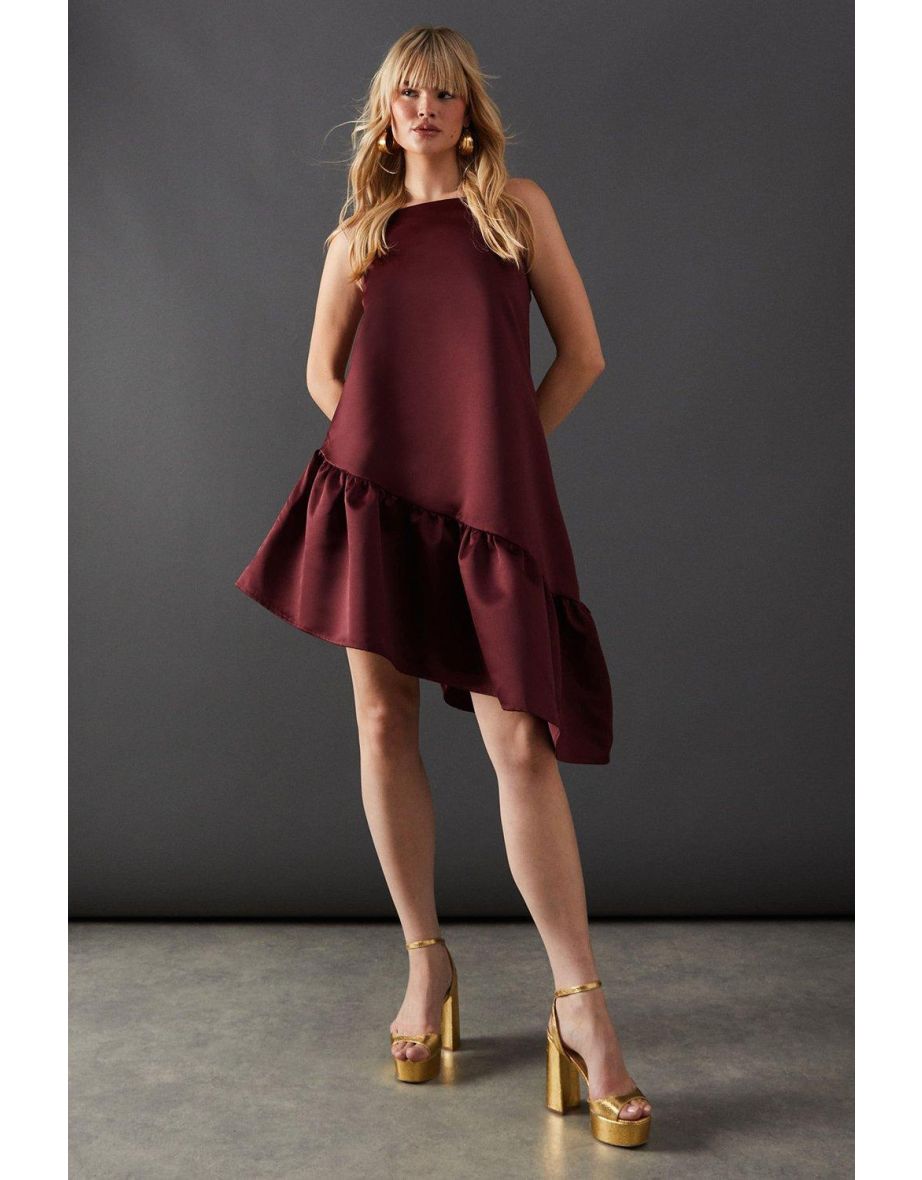 Satin High Neck Asymmetric Smock Dress - 3