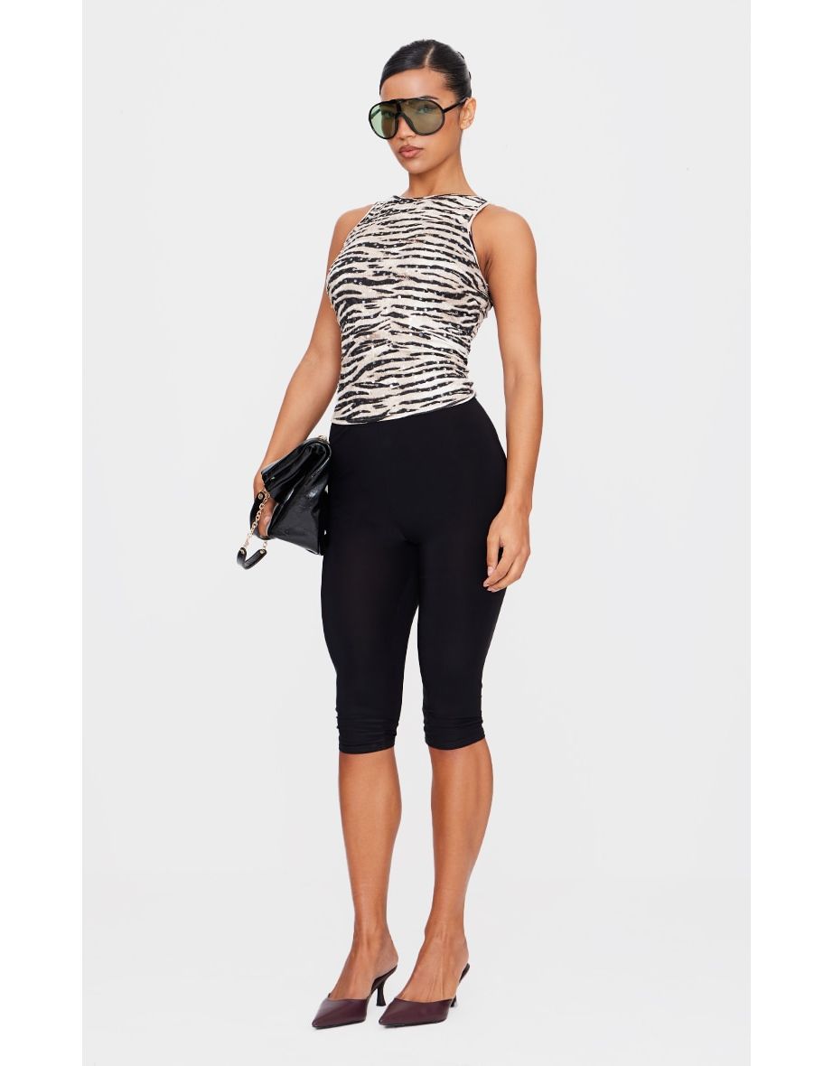 Black Zebra Printed Sheer Sequin Long Vest Top