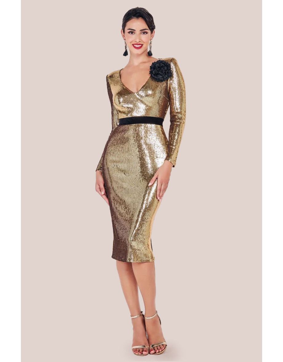 Goddiva Liquid Sequin Midi With Corsage - Gold