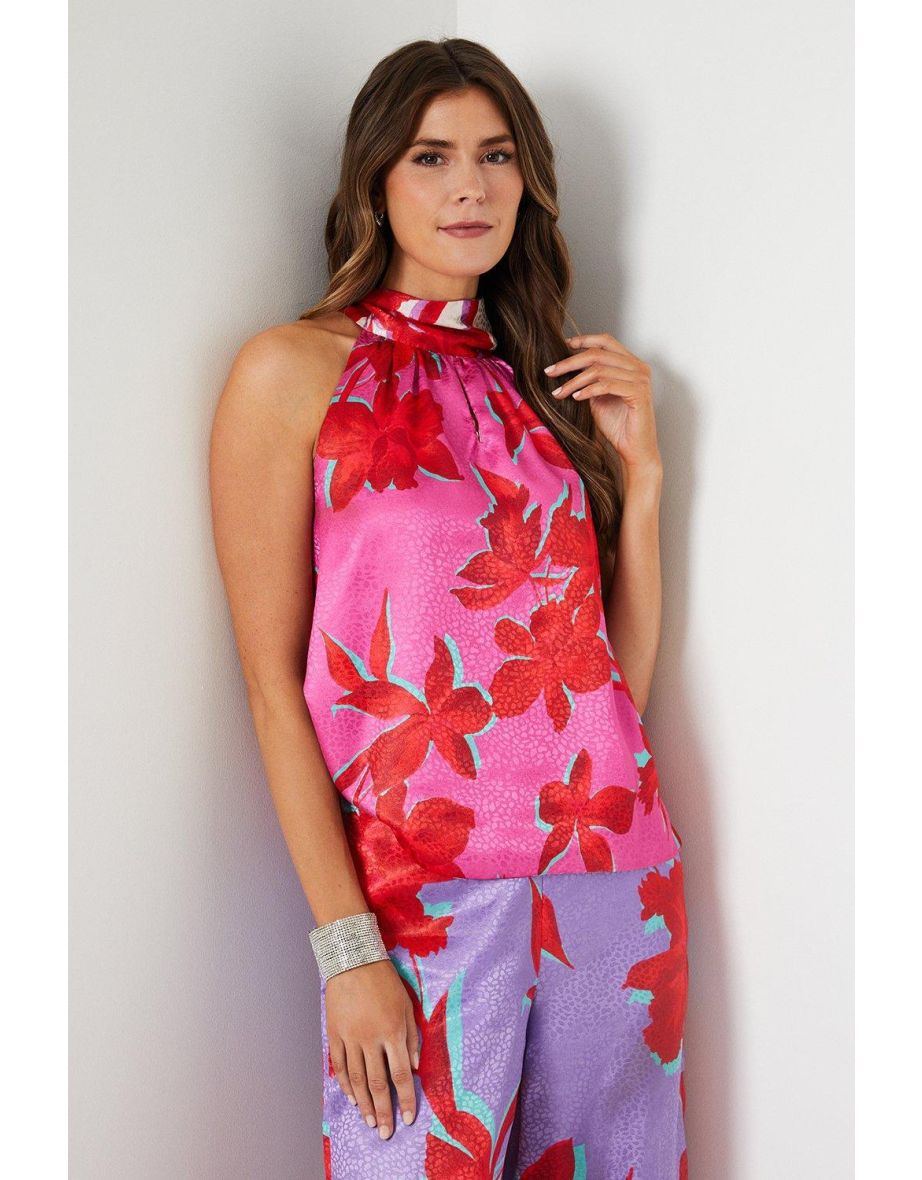 Floral Satin Jacquard Tie Neck Halter Top - 3