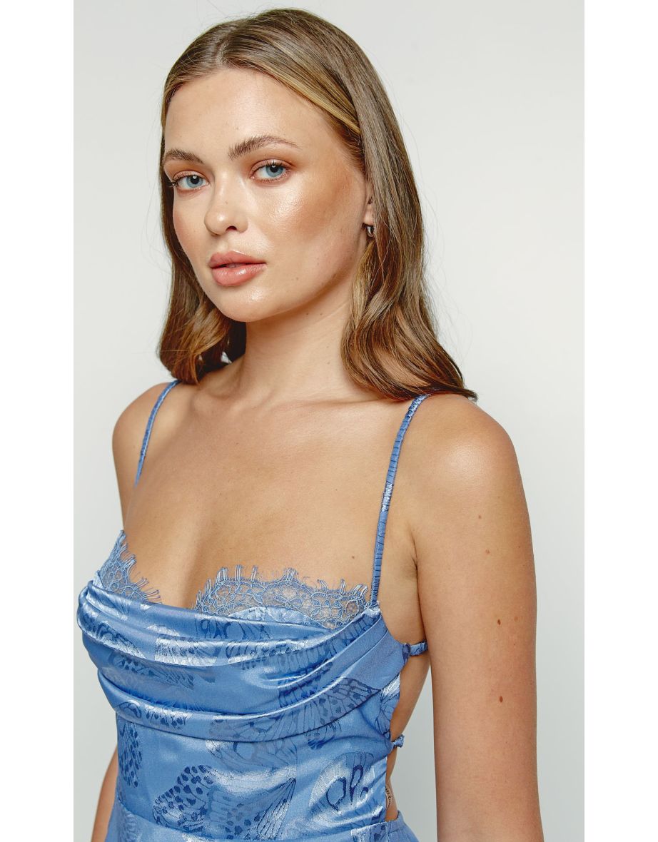 Blue Satin Jacquard Butterfly Maxi Dress - 3