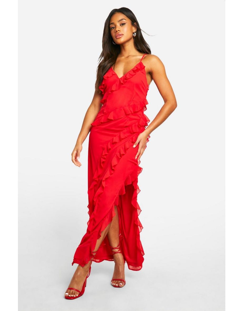 Ruffle Chiffon Maxi Dress - red