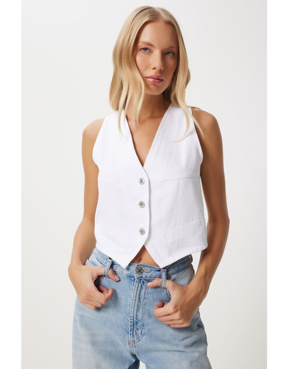 Women's White V Neck Crop Denim Vest