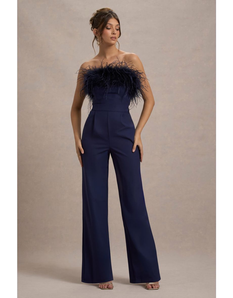 First Class | Navy Bandeau Feather Wide Leg Jumpsuit