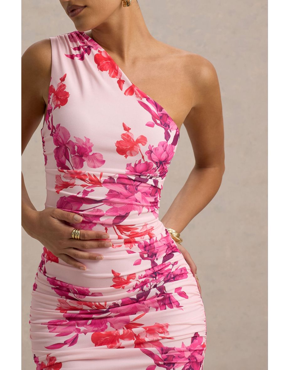 Dalarie | Pink and Orange Floral Print One-Shoulder Gathered Maxi Dress - 5