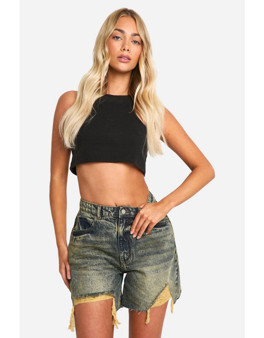 Green Tint Ripped Hem Denim Shorts - dusty green