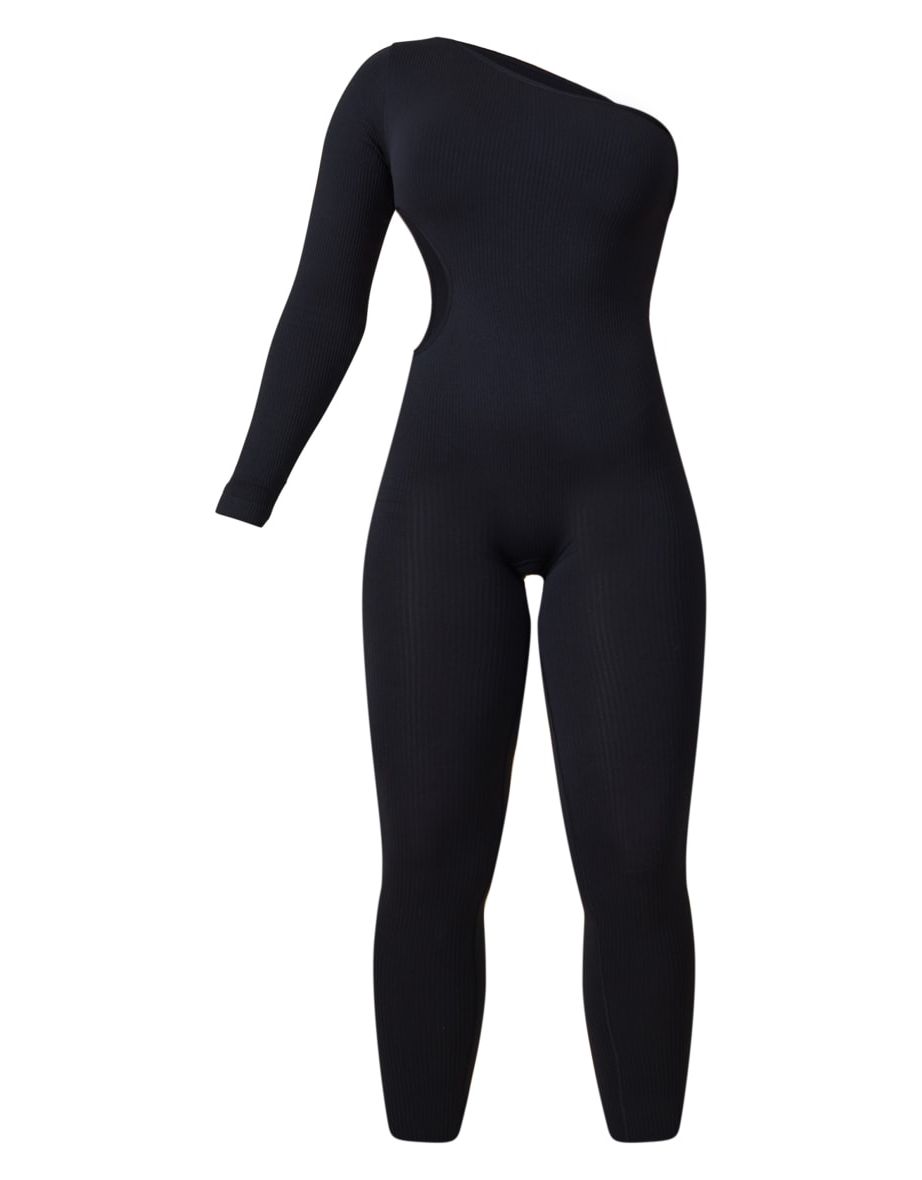 Black Structured Contour Rib Cut Out One Shoulder Jumpsuit - 4