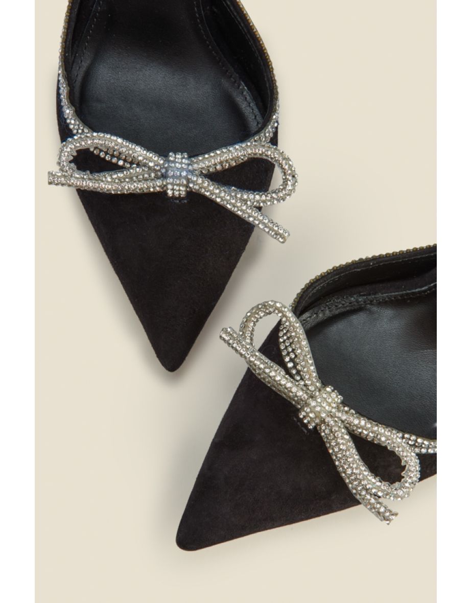 Black Suede Diamante Bow Trim Ankle Strap Court Shoe - 4