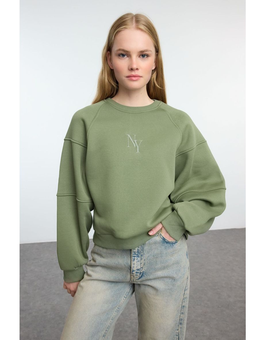 Khaki Crew Neck Regular Fit Embroidered Thick Inside Fleece Knitted Sweatshirt