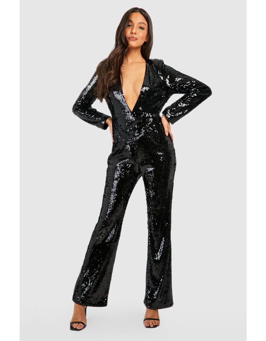 Sequin Shoulder Pad Plunge Jumpsuit - black
