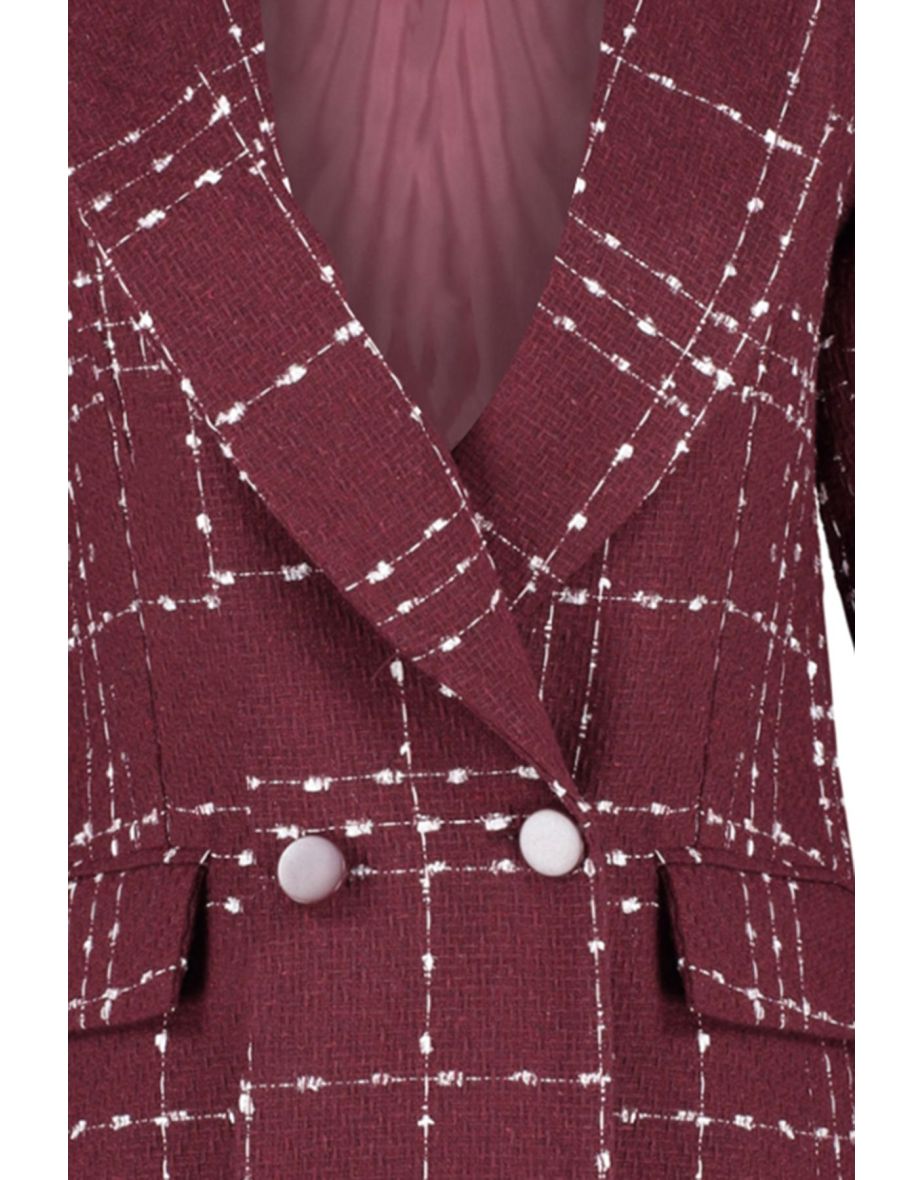 Burgundy Oversize Woven Plaid Blazer Jacket - 7
