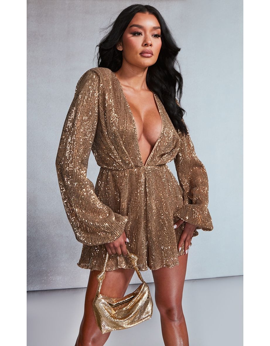 Bronze Sequin Balloon Sleeve Plunge Playsuit