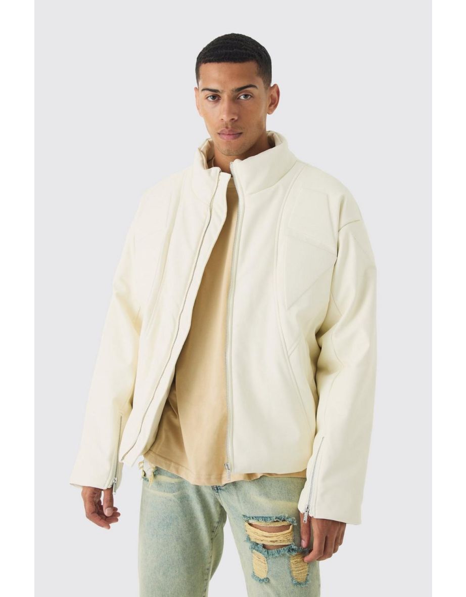 Boxy Padded Moto Panelled Jacket In Ecru - ecru