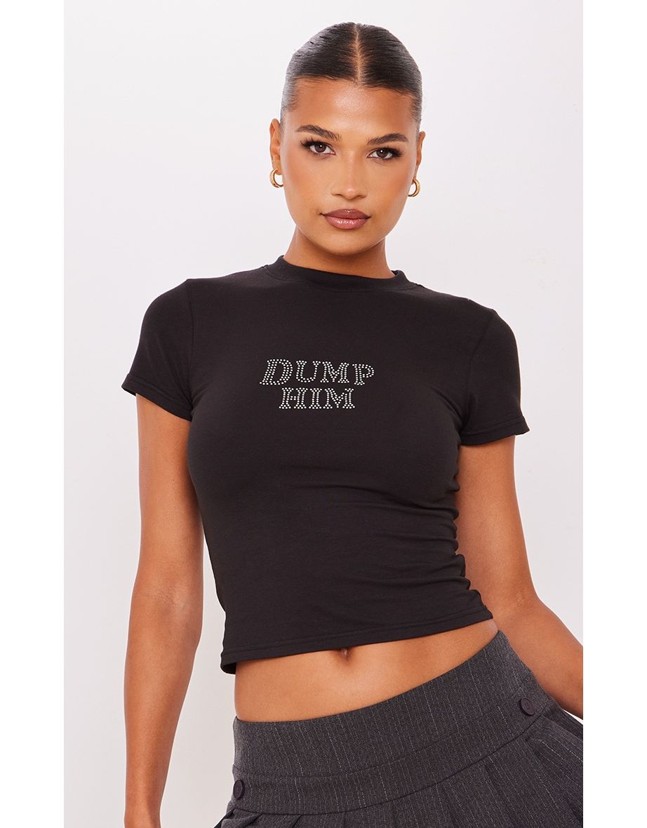 Black Dump Him Diamante Long Fitted T Shirt