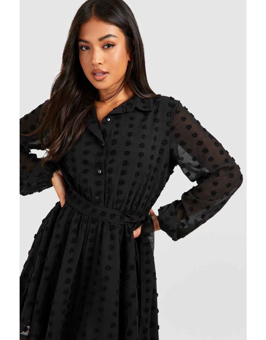Black Petite Chiffon A-Line Mini Shirt Dress with Long Sleeve - 3
