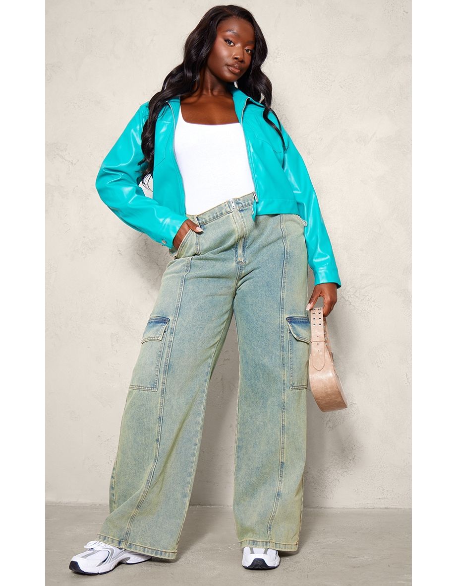 Plus Teal Pu Pocket Detail Casual Jacket