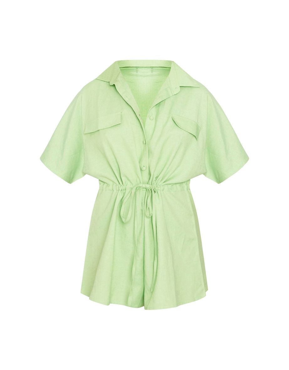 Green Linen Look Tie Waist Shirt Style Playsuit - 4