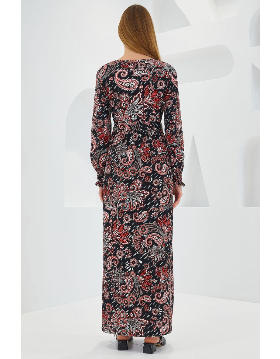 Women's Black Floral Patterned Knitted Hijab Dress - 5