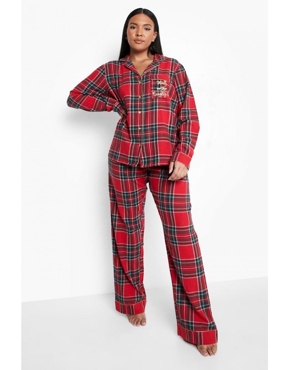 Plus Naughty List Embroidered Flannel Pj Set - red