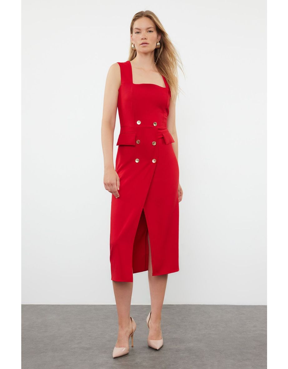Red Button Detailed Midi Double Breasted Skirt Closure Pencil Skirt Woven Dress TWOSS24EL00837