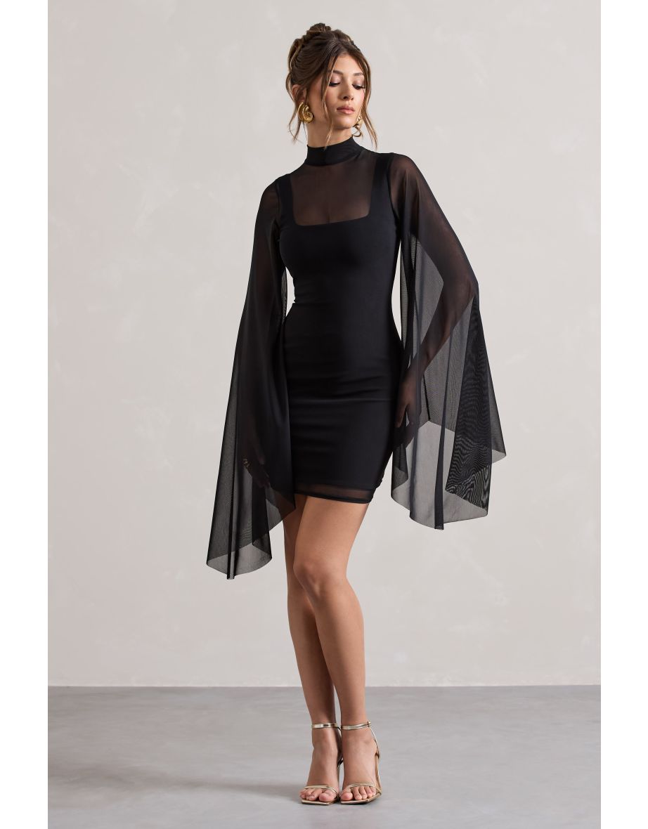 Jenny | Black Mesh High-Neck Cape-Sleeve Mini Dress - 4