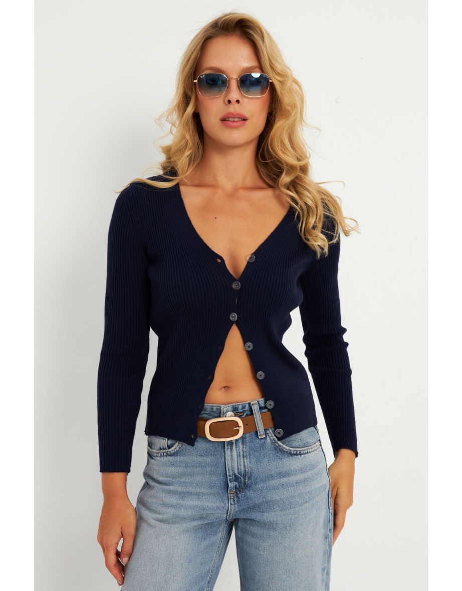Women's Navy Blue Buttoned Knitwear Cardigan