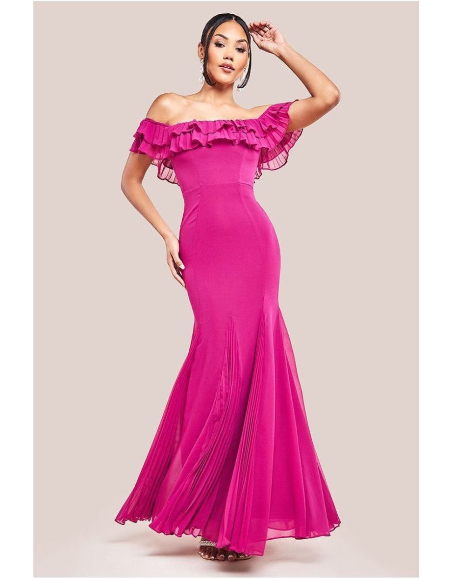 Goddiva Frilled Off The Shoulder Pleated Chiffon Maxi Dress