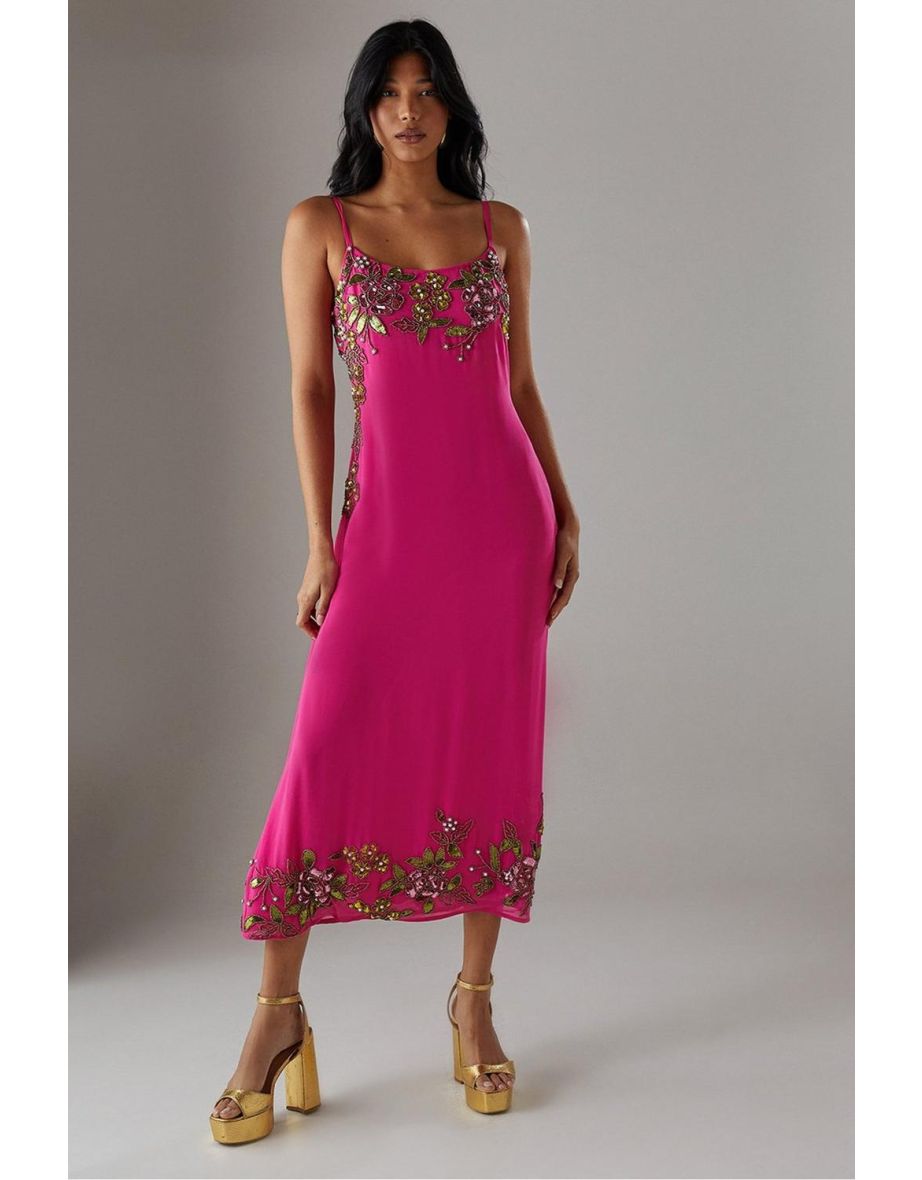 Hand Embellished Strappy Bias Sequin Midi Dress