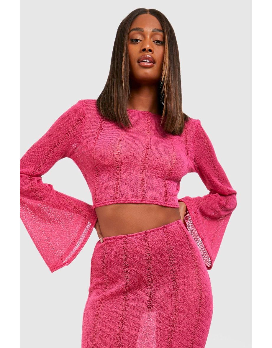 Distressed Long Sleeve Cropped Top - hot pink - 3