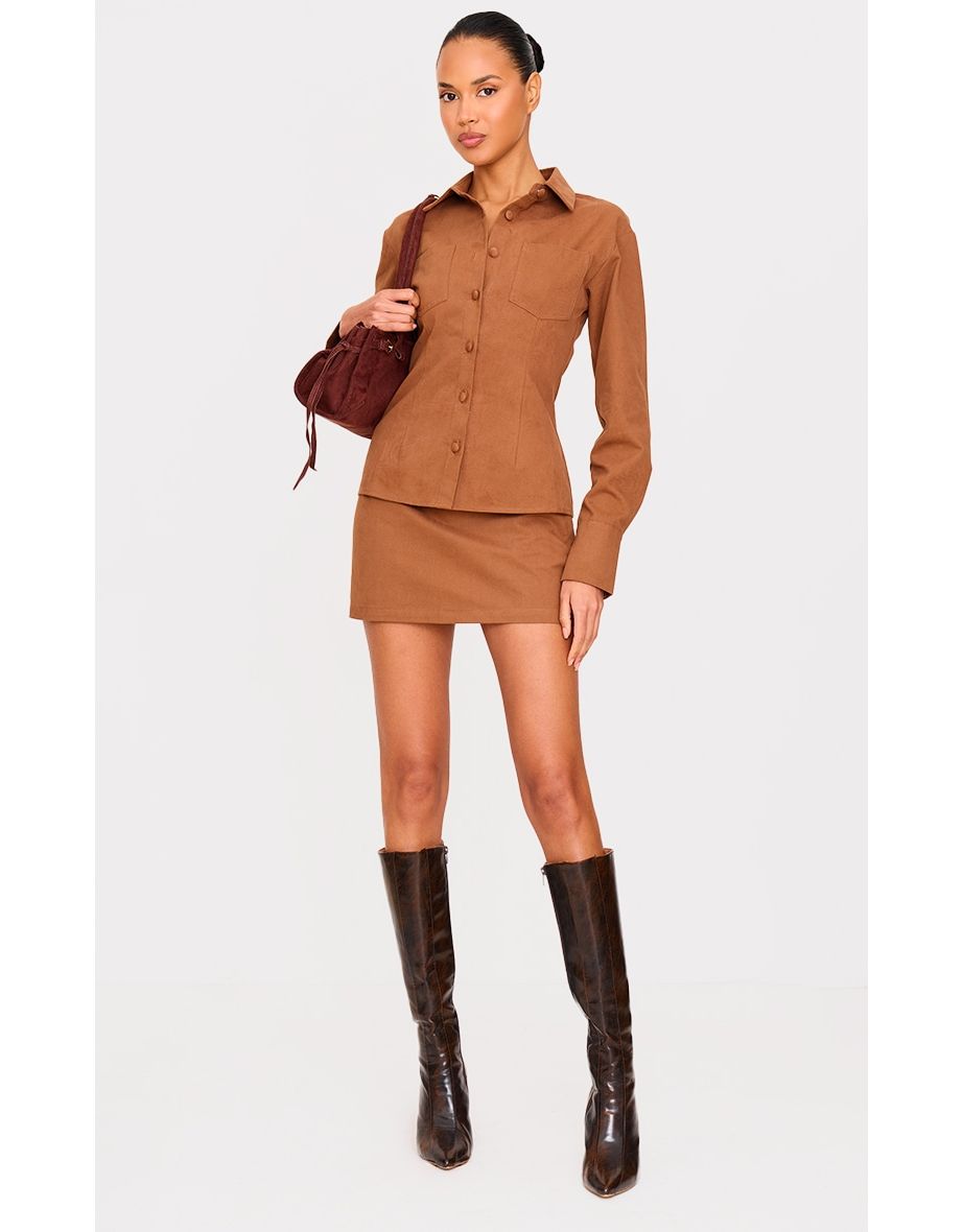 Tan Twill Button Up Cinched Waist Shirt
