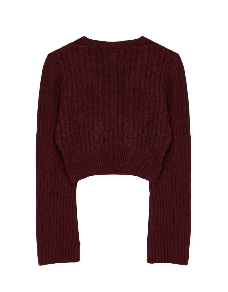 Claret Red Crop Soft Textured Double Breasted Knitwear Sweater - 6