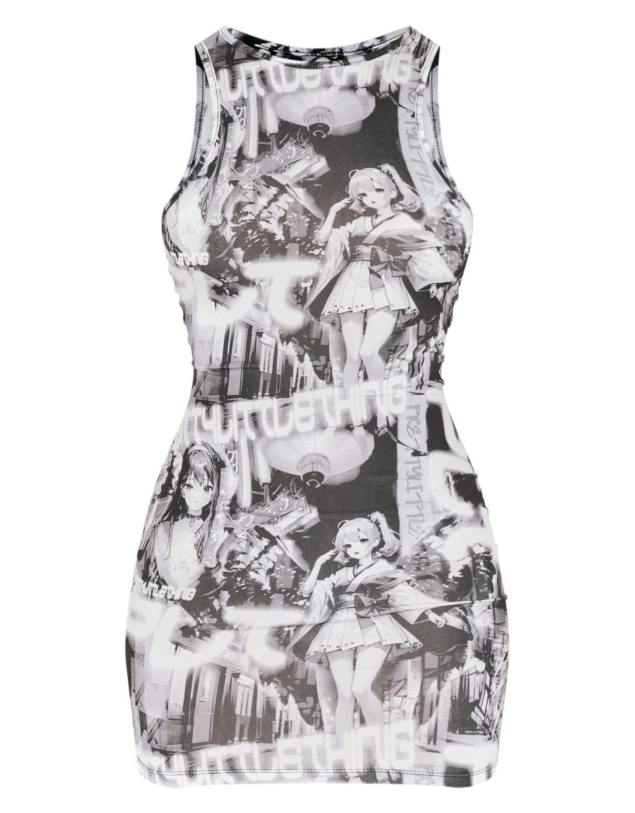 Monochrome Anime Printed Racer Bodycon Dress - 4