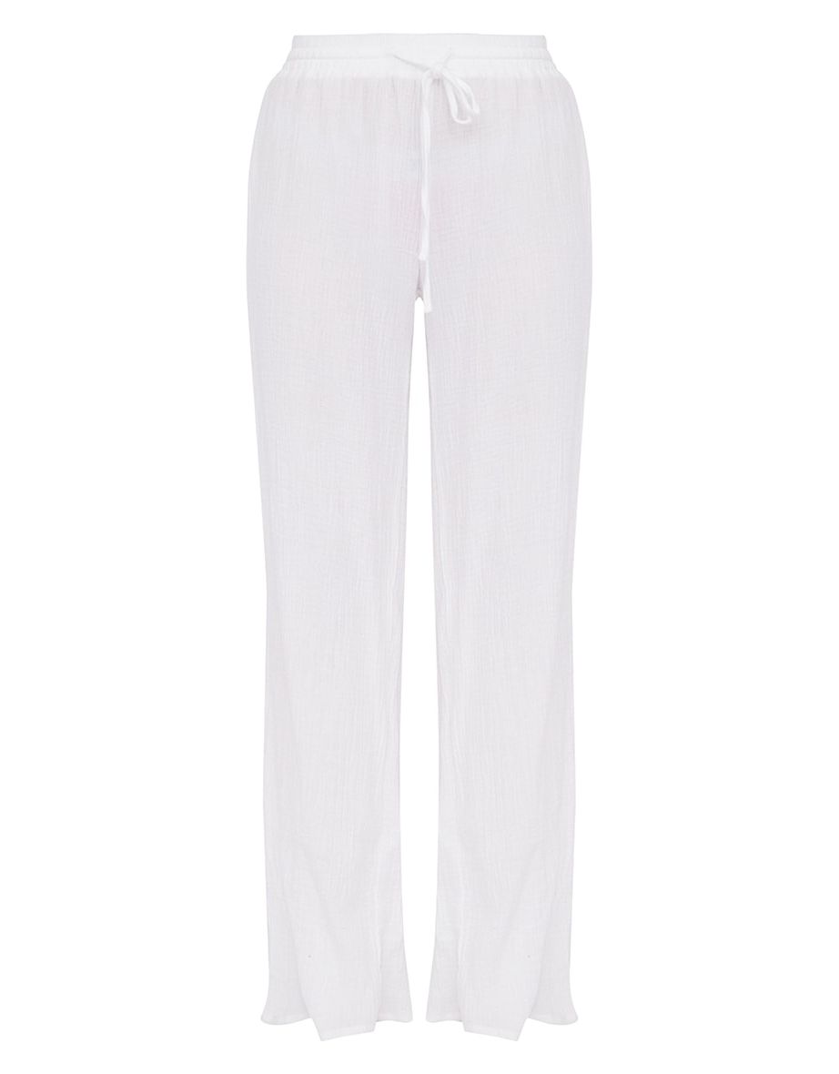 White Textured Cheesecloth Wide Leg Trousers - 3