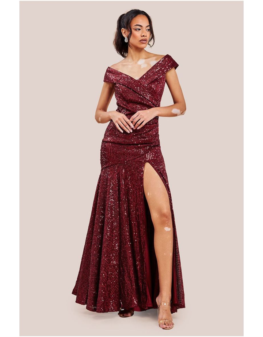 Goddiva Bardot Sequin Pleated Maxi Dress