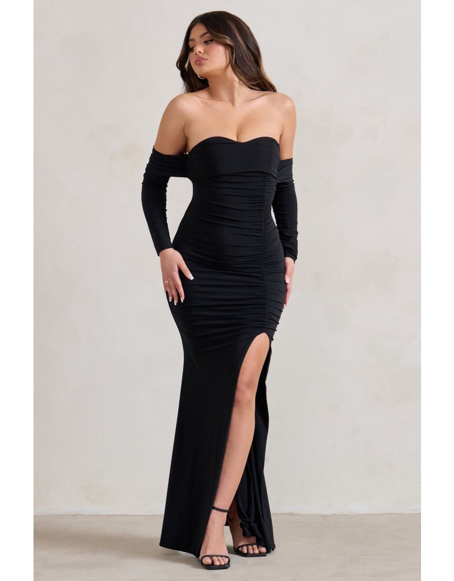Midnight | Black Draped Long Sleeve Maxi Dress - 3