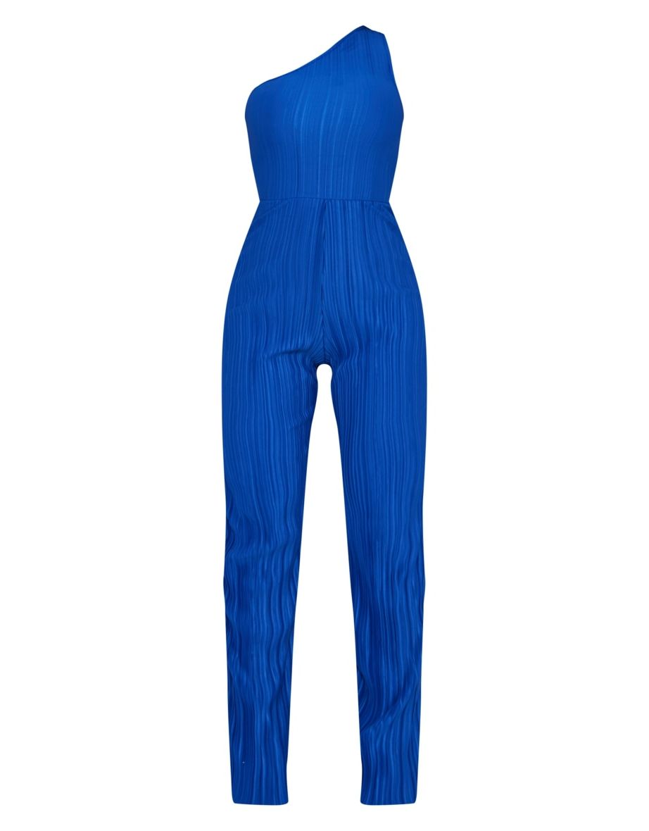 Bright Blue One Shoulder Plisse Wide Leg Jumpsuit - 4