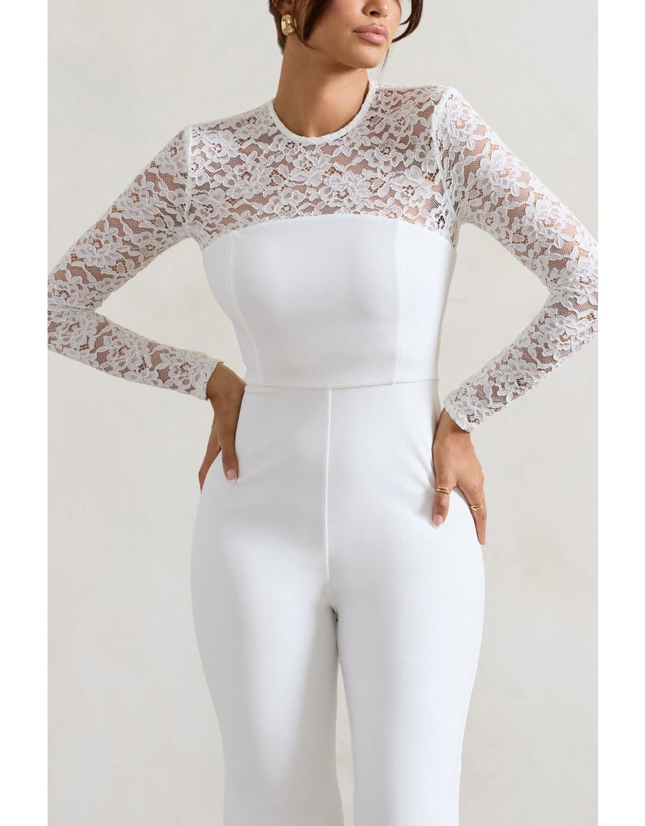 Amari | White Lace Long-Sleeve Flared-Leg Jumpsuit - 4