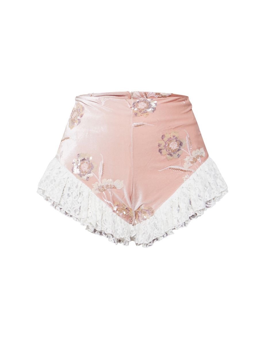 Baby Pink Velvet Embellished Frill Detail Bloomer Shorts - 4